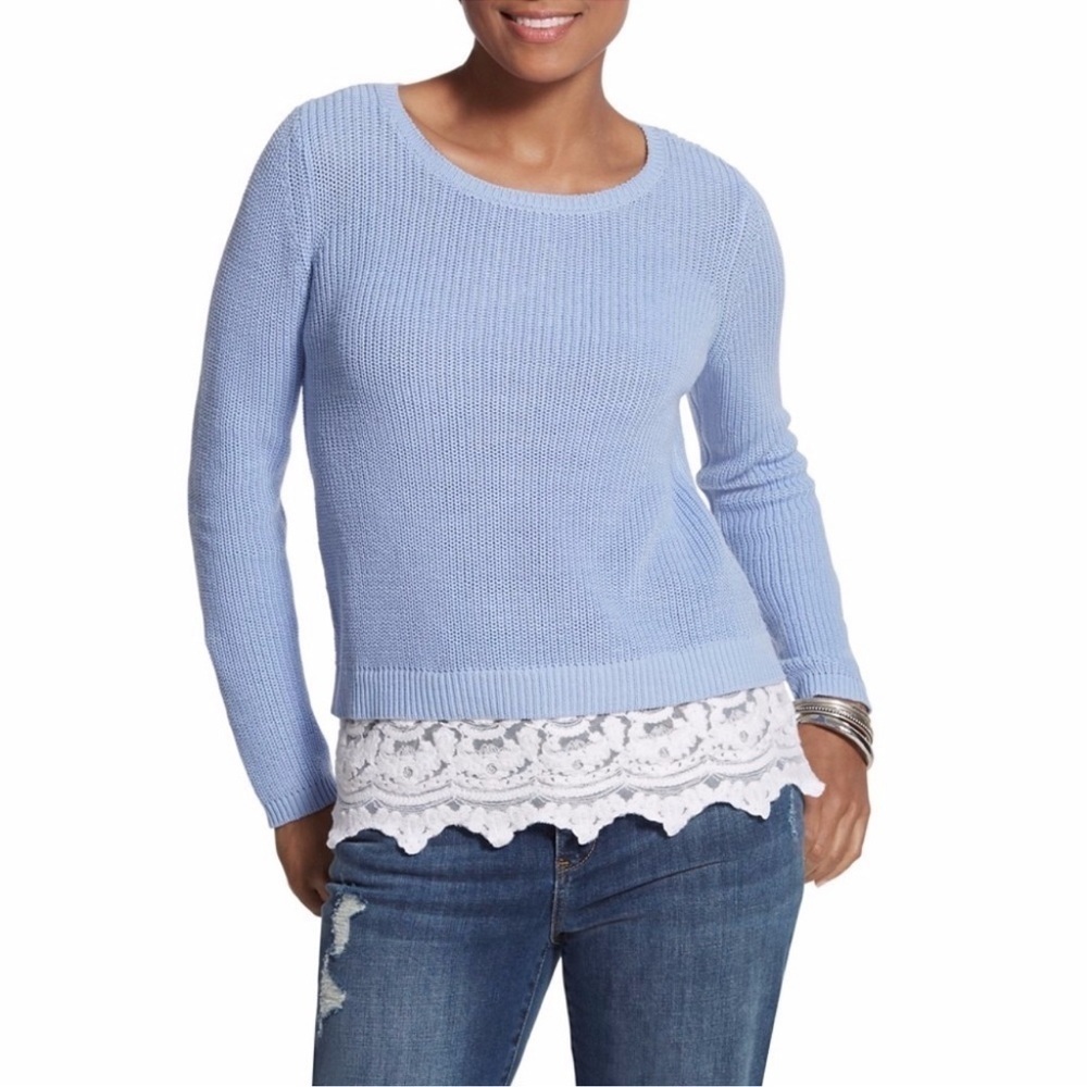 Chicos Brianne Sweater Womens Medium Zip Back Lace Trim Ribbed Boho Dainty